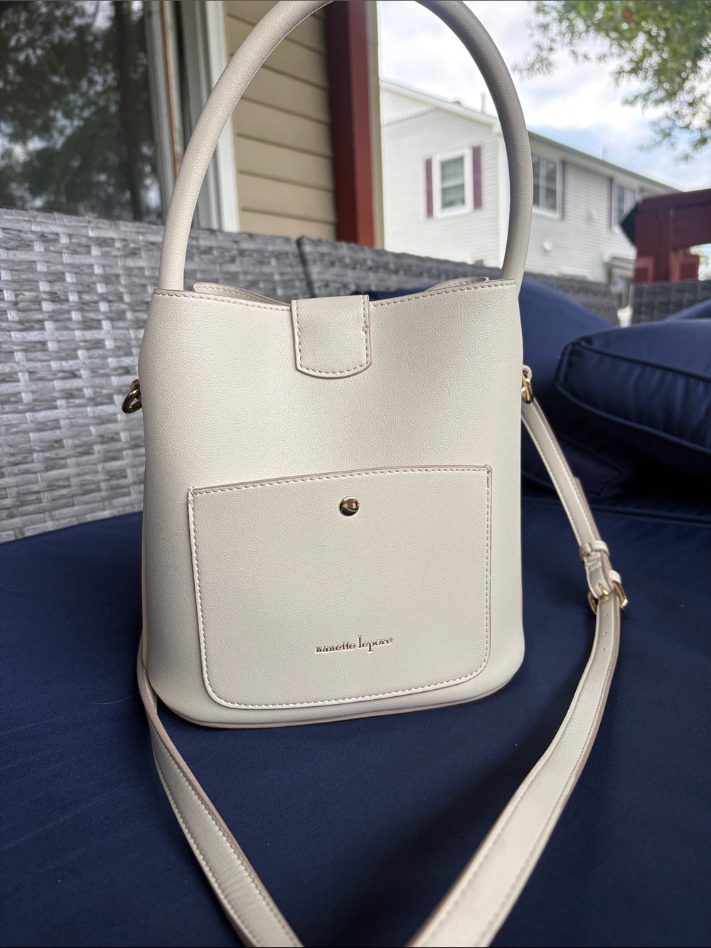 Nanette Lepore Cream Pebble-Texture Bucket Shoulder Bag